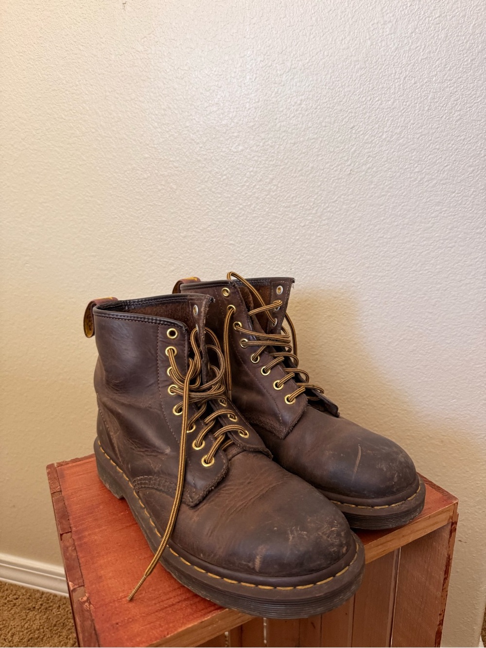 Dr. Martens Brown Leather Lace-Up Boots with Yellow Stitching